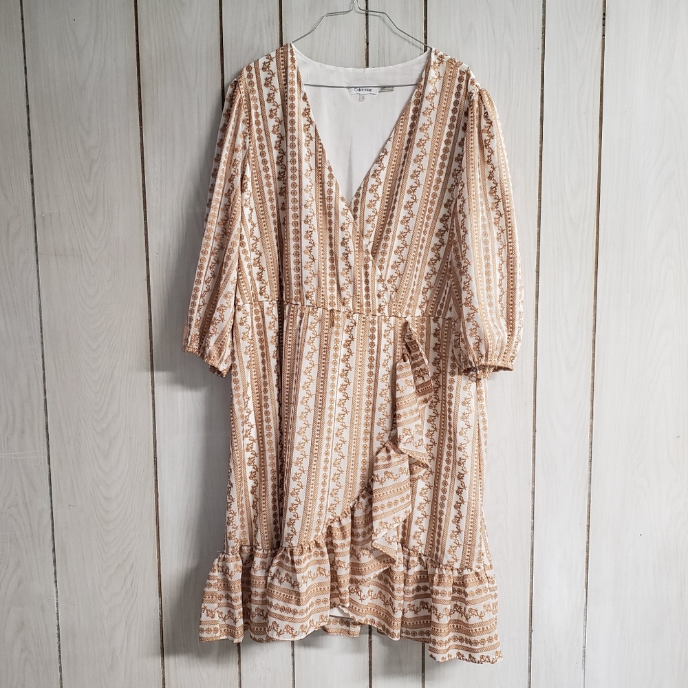 Calvin Klein White Tan Embroided Floral V Neck 3/4 Sleeve Ruffle Midi Dress 1X